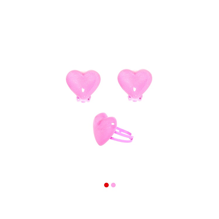 걸리쉬 하트 반지&amp;귀걸이 세트(Pink/Red)