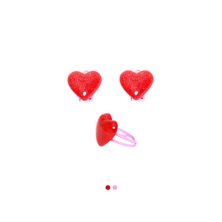 걸리쉬 하트 반지&귀걸이 세트(Pink/Red)